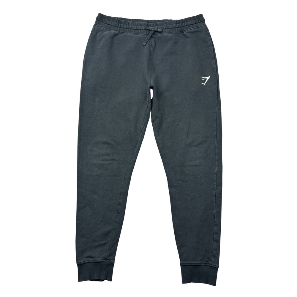 Gymshark Mens Large Crest Joggers Black Fleece Tapered Sweatpants Workout Gym